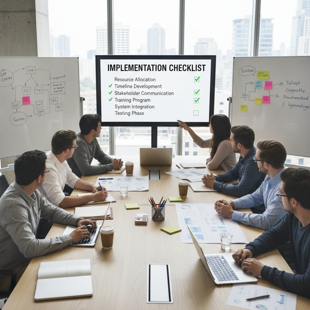 Zespół firmy analizujący checklistę wdrożeniową na tablicy w sali konferencyjnej
