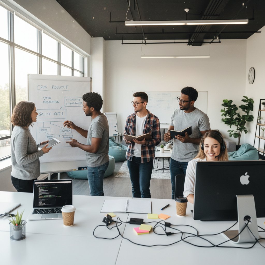 Zespół wdrażający system IT w małej firmie, nowoczesne biuro, atmosfera współpracy i testowania