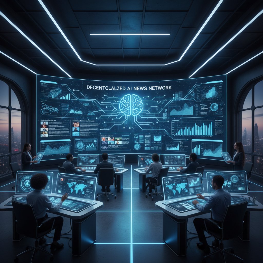 Zespół analizujący dane na dużym ekranie – decentralizacja i AI w wyszukiwaniu newsów