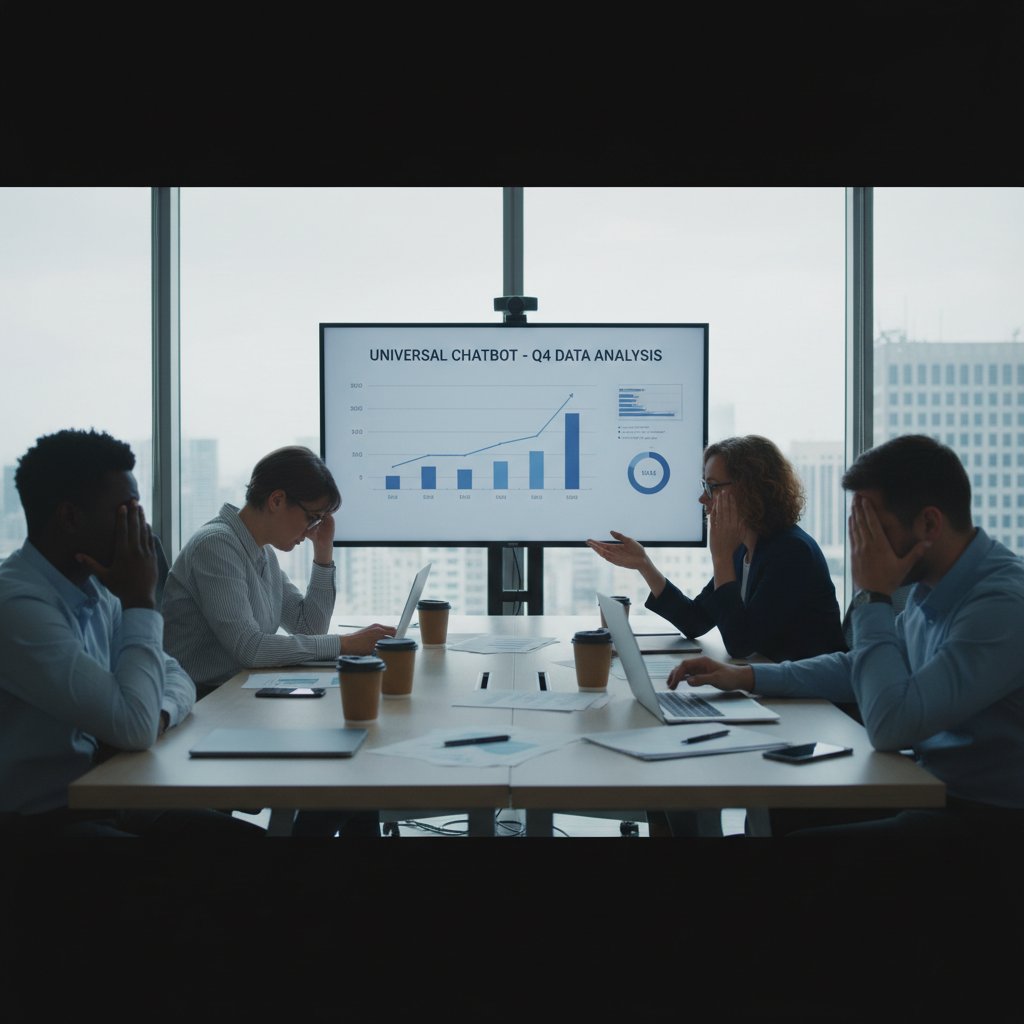 Zespół analizuje dane na spotkaniu, rozczarowanie po wdrożeniu uniwersalnego chatbota