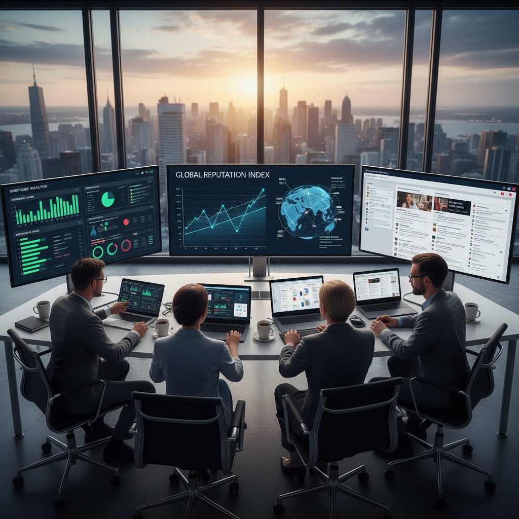 Realistyczne zdjęcie zespołu analizującego dane reputacji na ekranach komputerów