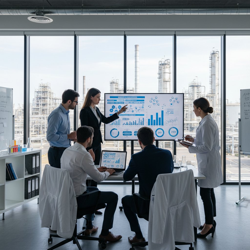 Pracownicy firmy przy komputerach analizujący wyniki transakcji chemii przemysłowej