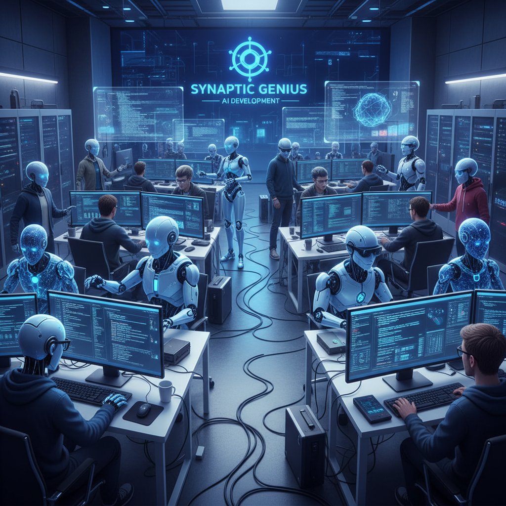 Zespół pracujący przy komputerach nad tworzeniem profili postaci AI, duży ekran z kodem i portretami postaci