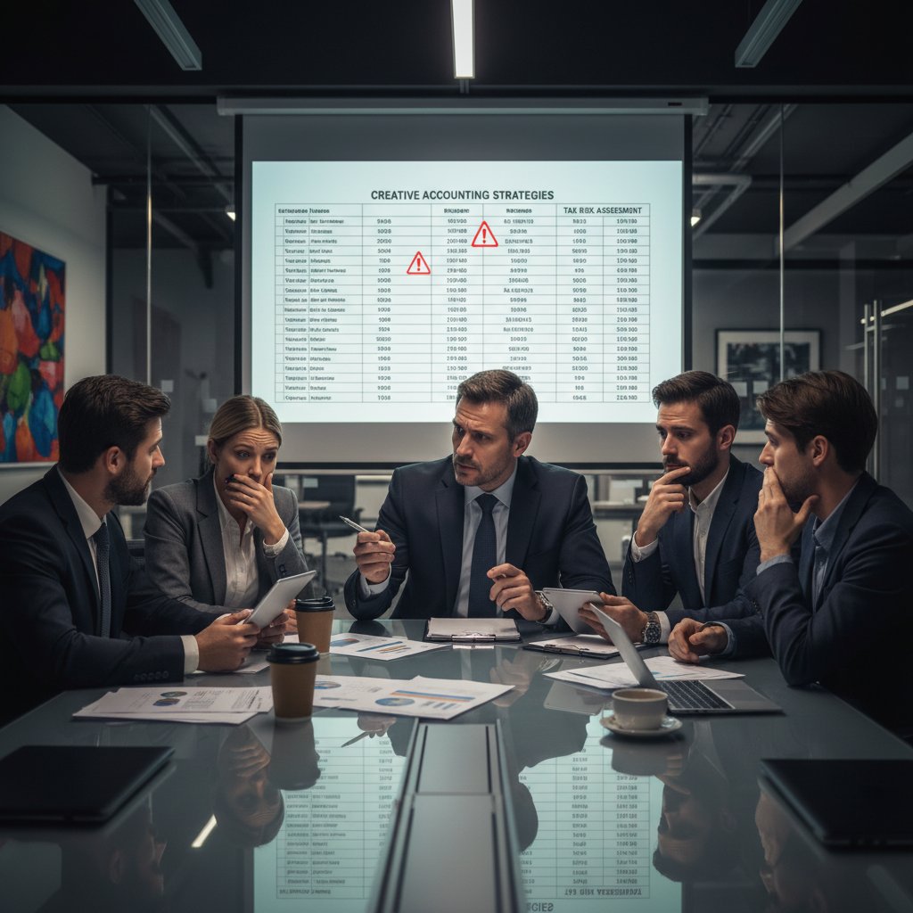 Kreatywna księgowość – zespół ludzi przy stole, rozmowa o ryzykownych strategiach podatkowych, napięta atmosfera