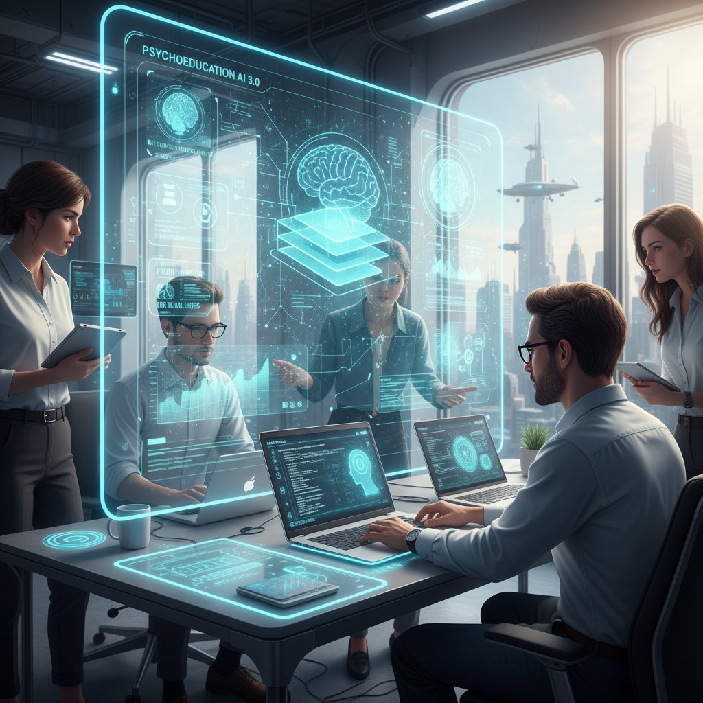 Symbolfoto: Team aus Psycholog:innen und Entwickler:innen am Laptop mit KI-Interface – Zukunft digitaler Psychoedukation