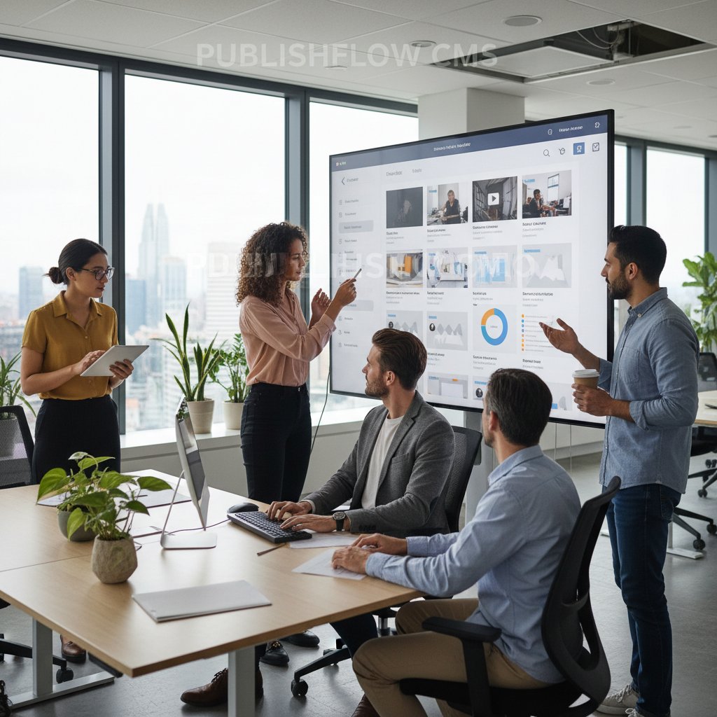 Zespół publikujący tekst na stronie internetowej, na ekranie widoczny CMS