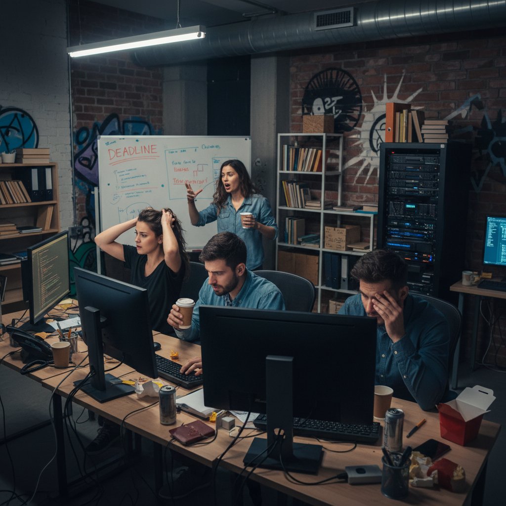 Zespół młodych osób w biurze analizuje wykresy i nieudane wdrożenie AI, atmosfera napięcia i presji
