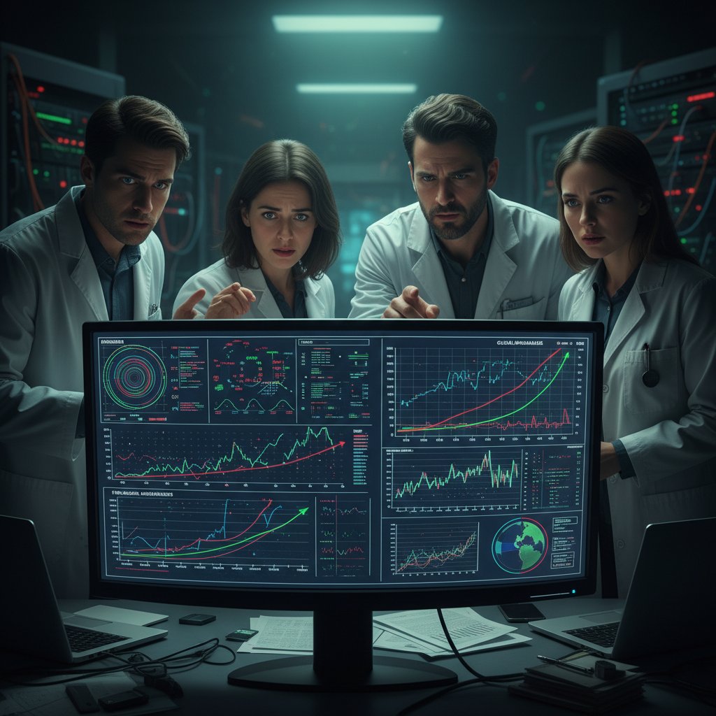 Zespół wpatrujący się w podejrzane wykresy na monitorze