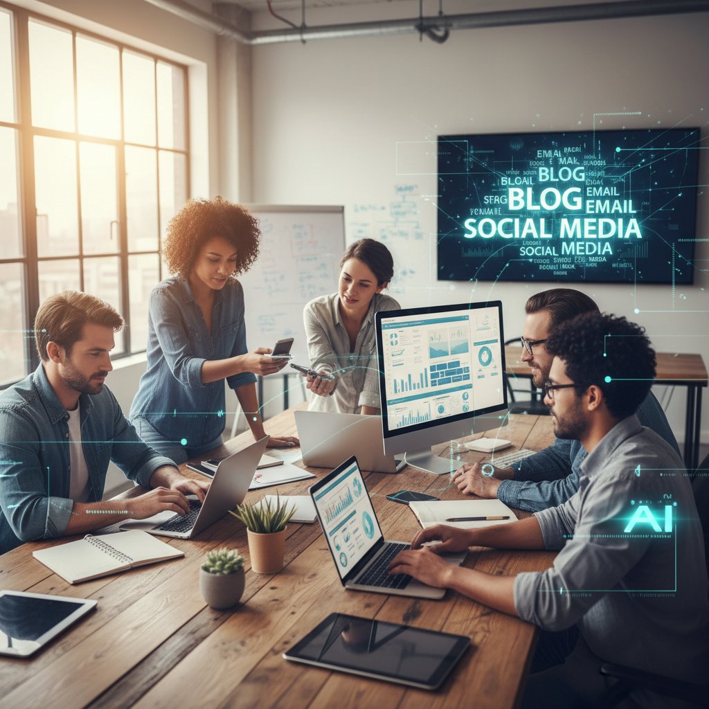 Zespół pracujący na różnych urządzeniach (laptop, tablet, smartfon), wyświetlane ekrany z blogiem, e-mailem i mediami społecznościowymi, symbol integracji AI