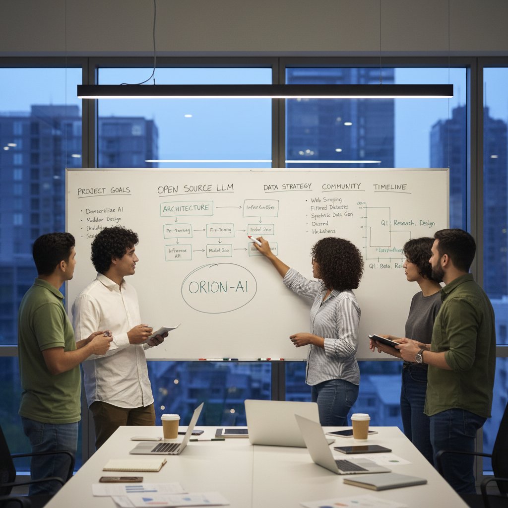 Zespół analizujący schemat wdrożenia open source llm na tablicy w biurze
