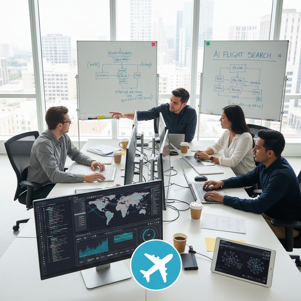 Zespół pracujący nad algorytmem AI do wyszukiwania lotów, ekrany z analizą danych, profesjonalna atmosfera