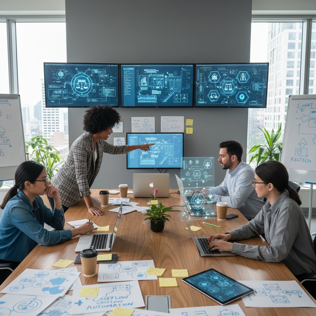 Zespół pracuje nad nową odsłoną platformy prawnej, burza mózgów przy komputerach