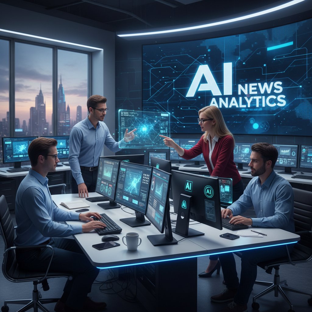 Zespół pracujący przy komputerach nad analizą wiadomości przez AI