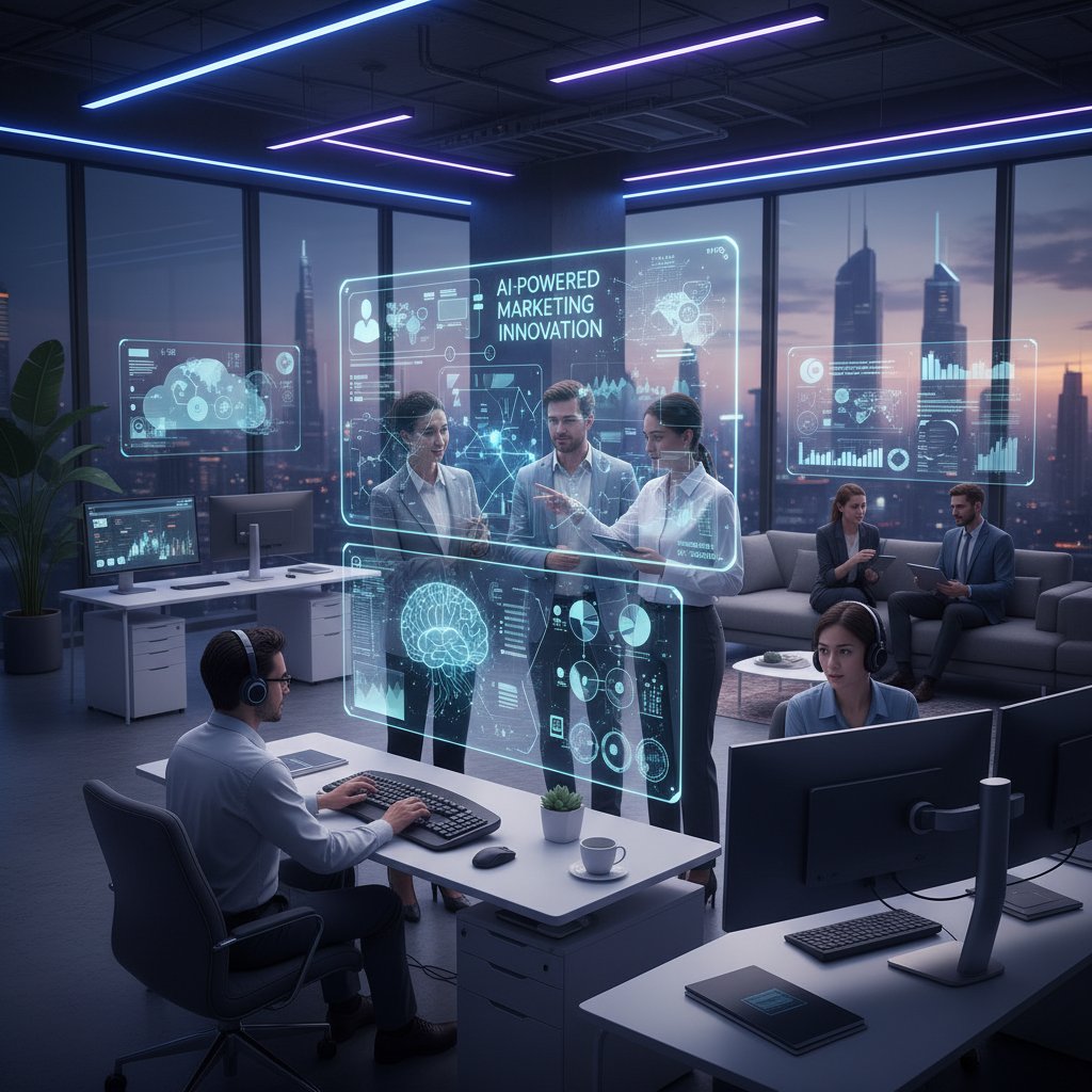 Zespół pracujący z AI, wizualizacja nowoczesnych narzędzi marketingowych