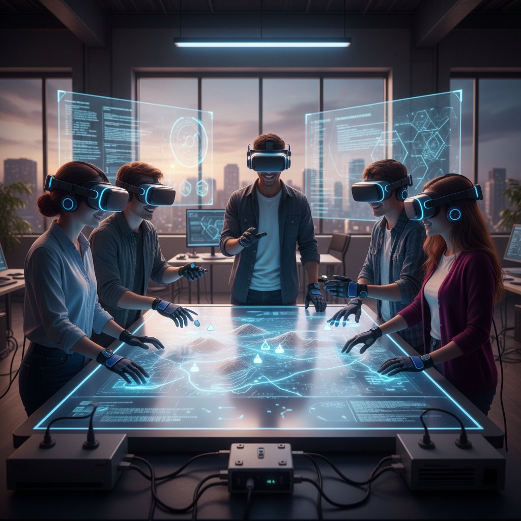 Zespół młodych ludzi w okularach VR, interaktywna mapa na ekranie, praca zespołowa i nowoczesna technologia