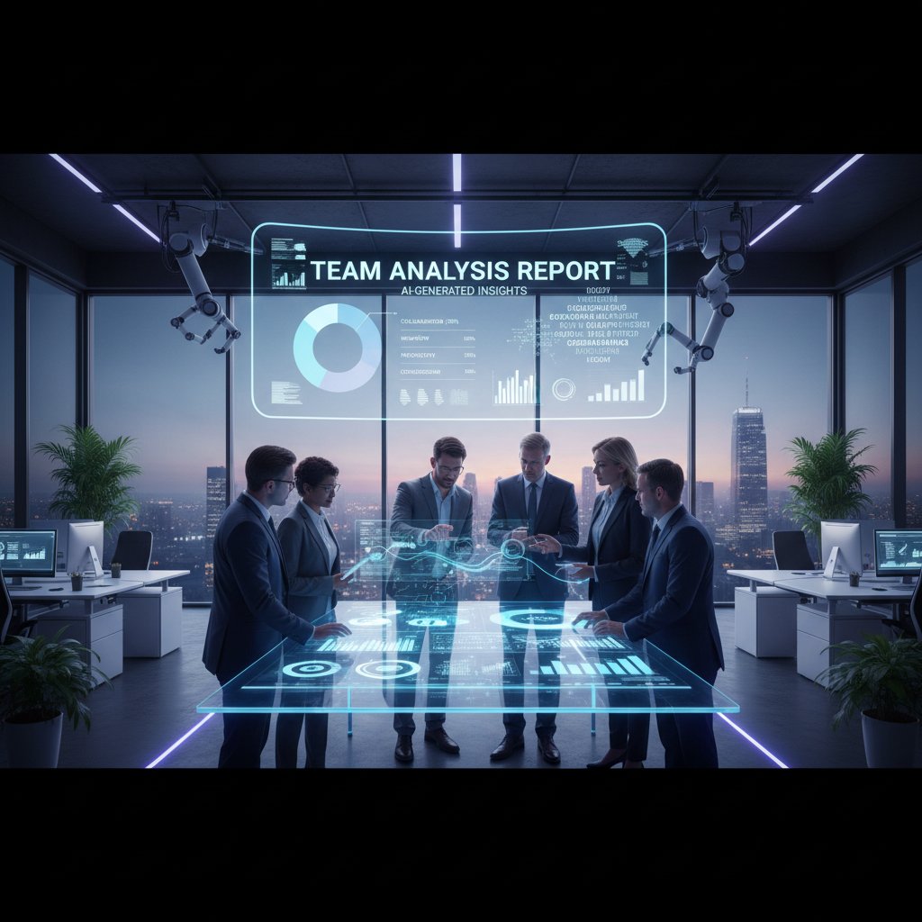 Zespół analizujący raport wygenerowany przez AI w nowoczesnym biurze