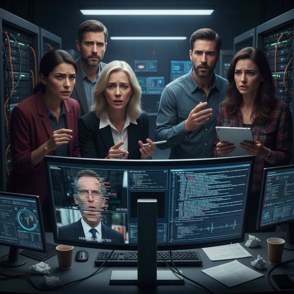 Zespół analizujący potencjalny deepfake na ekranie komputera, atmosfera niepokoju i koncentracji