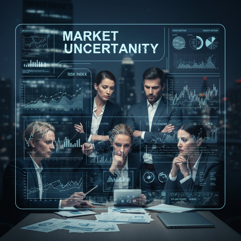 Zespół analizujący dane rynkowe, z widocznymi emocjami na twarzach – niepewność i skupienie