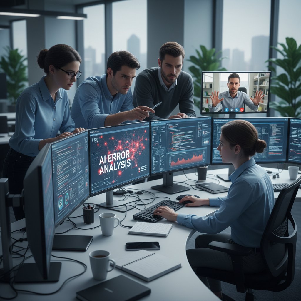 Zespół ludzi analizujący błędy AI na ekranach komputerów w biurze