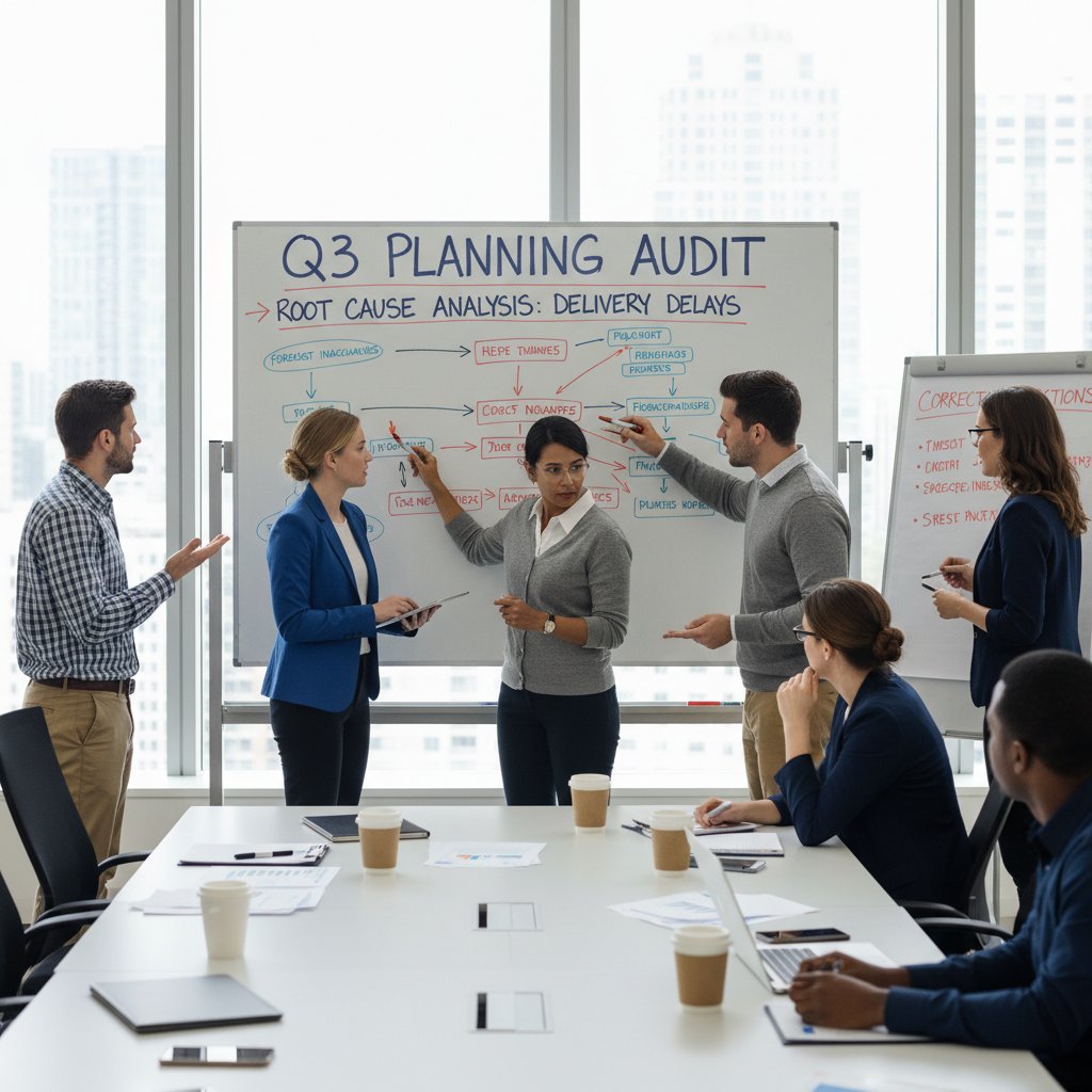 Zespół analizujący błędy w planowaniu na tablicy, narada