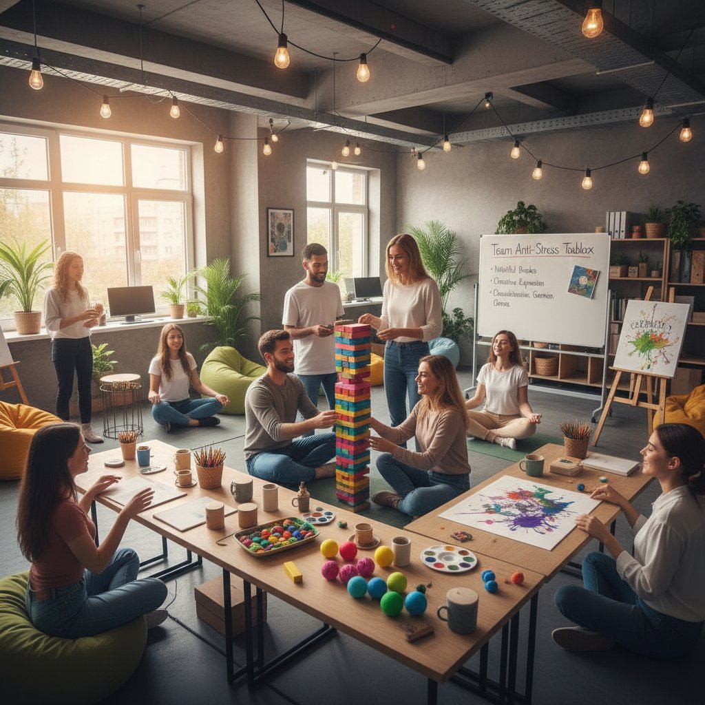 Zespół podczas warsztatów antystresowych, otwarta atmosfera, flipchart, rozmowy