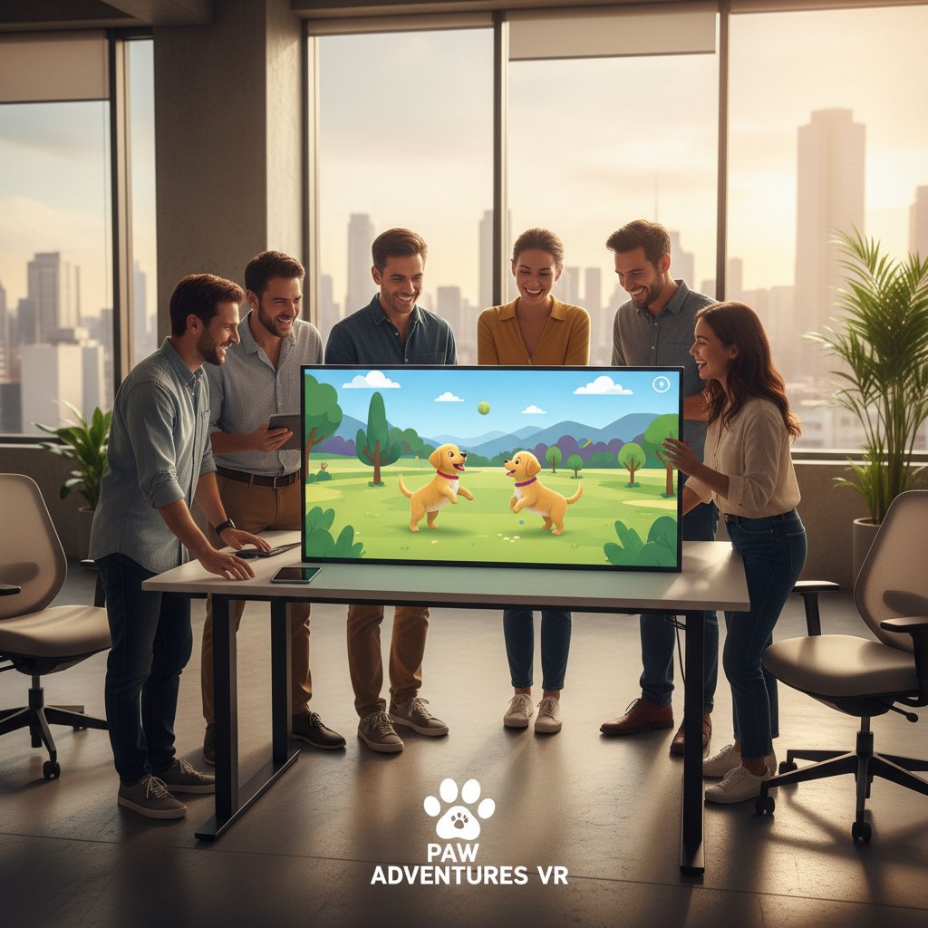 Zespół pracowników w biurze korzysta z aplikacji z wirtualnym psem, atmosfera pozytywna