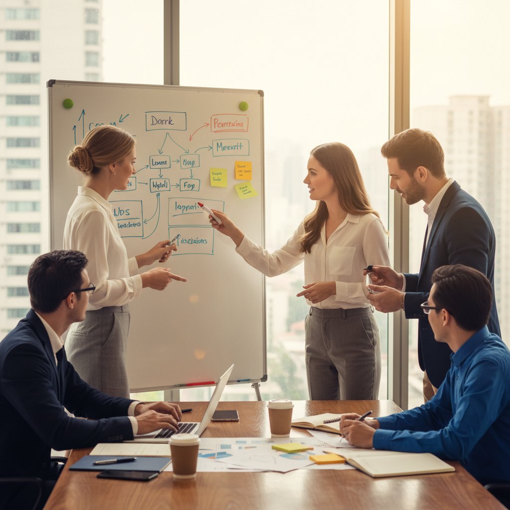 Zespół podczas burzy mózgów o wizerunku firmy – pracownicy w intensywnej dyskusji analizują strategię marki