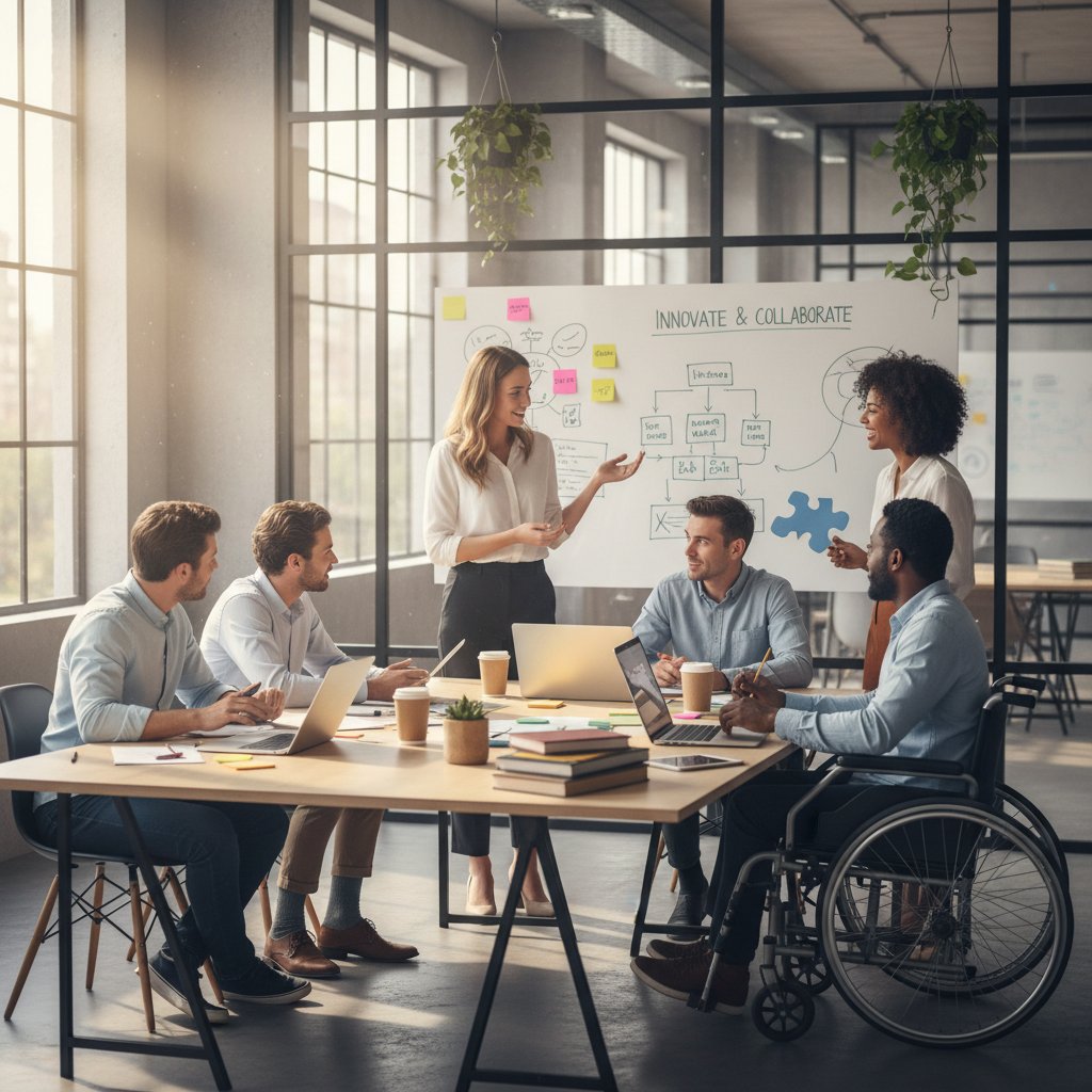 Zespół pracowników podczas burzy mózgów, współpraca i mądrość w działaniu