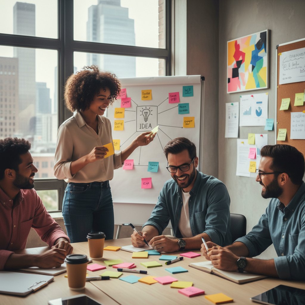 Zespół podczas twórczej sesji, kartki z pomysłami, energia, zaangażowanie wszystkich uczestników