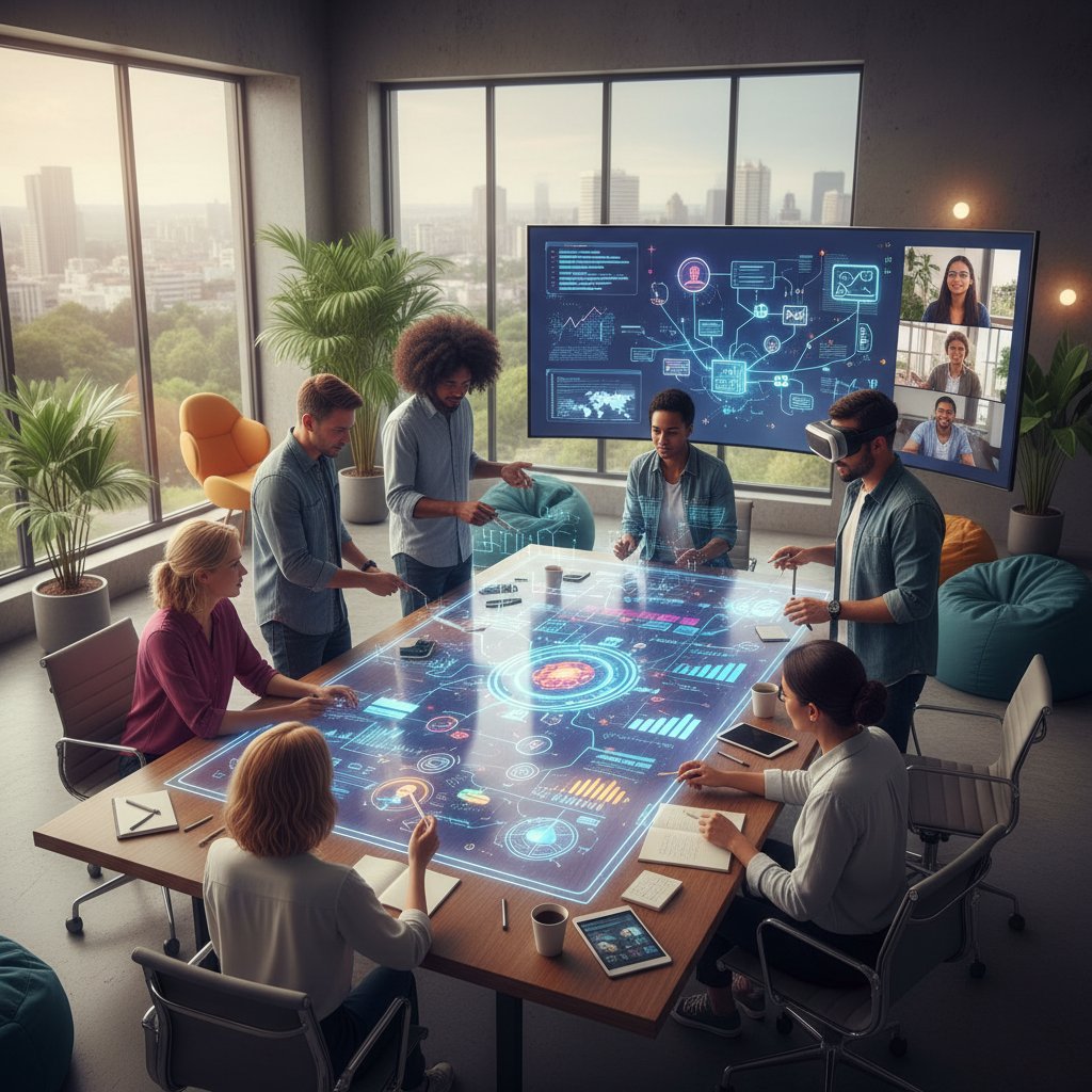 Dynamic, candid photo of a team brainstorming with digital tools on screens, creative atmosphere. Alt: Team collaborating with best email productivity tools for enhanced workflows.