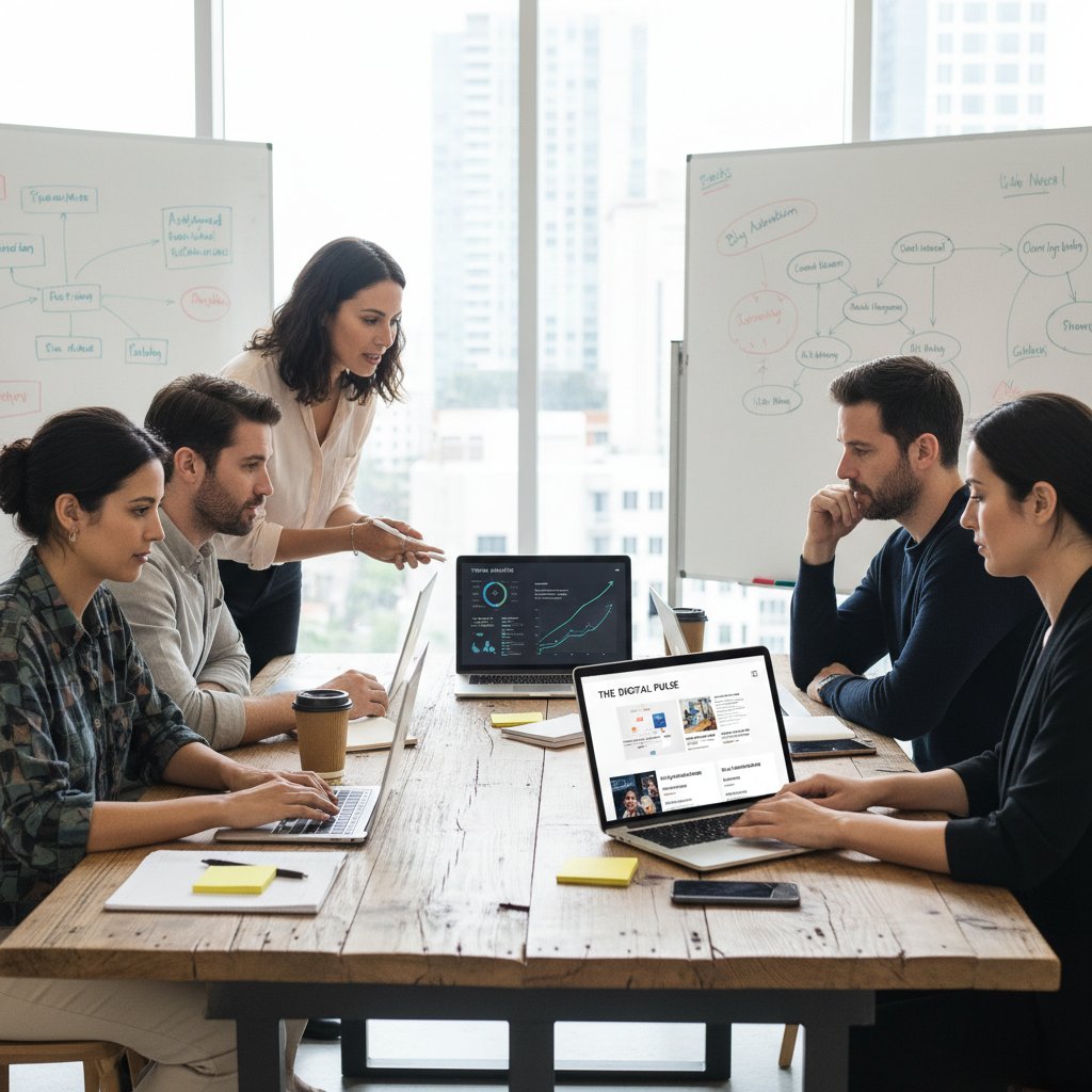 Grupa ludzi podczas burzy mózgów nad laptopem, na ekranie analiza trendów lifestyle, tech i news, kontekst blogów w różnych branżach