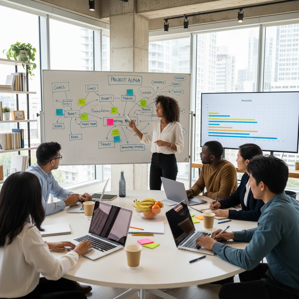 Spotkanie zespołu rozwiązującego problemy projektowe przy tablicy