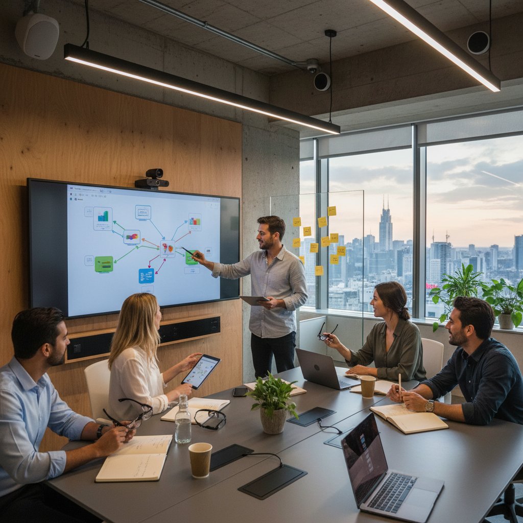 Team collaborating after automating routine tasks, in a tech-enabled workspace
