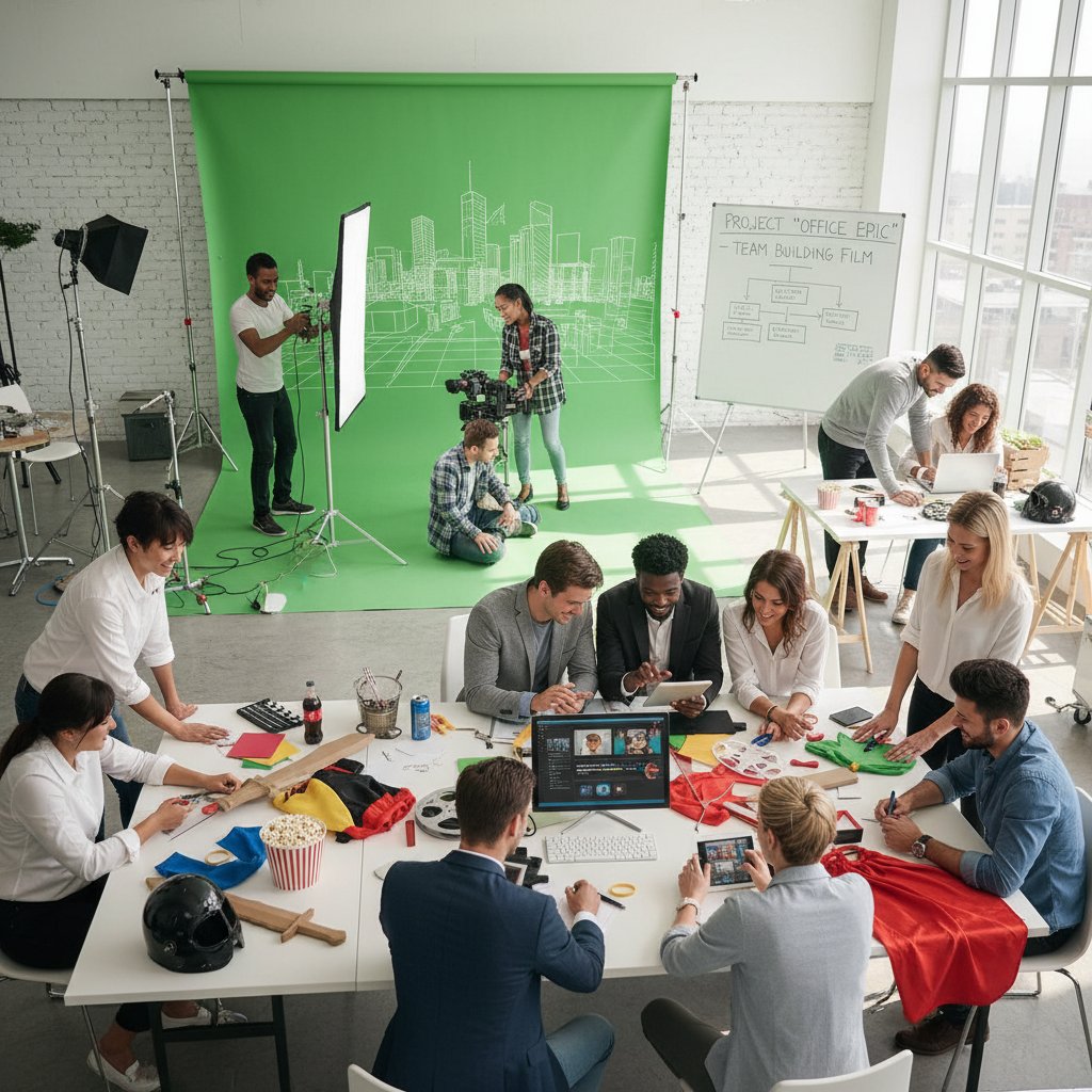 A diverse group collaborating on a short film project during a corporate team-building event, guided by a movie tutorial on a big screen