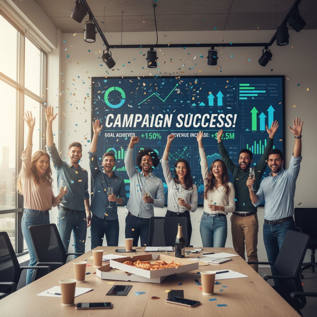 Zespół świętujący sukces kampanii sprzedażowej z wynikami na ekranie