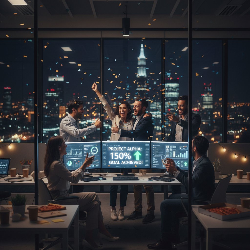 Zespół świętujący odkrycie dzięki raportowi online, nocne biuro, atmosfera zwycięstwa, dane na ekranie