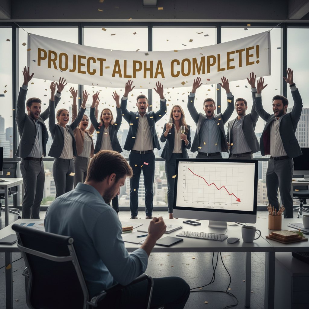 Zespół świętujący sukces wdrożenia AI, kontrast z rozczarowanym pracownikiem na drugim planie