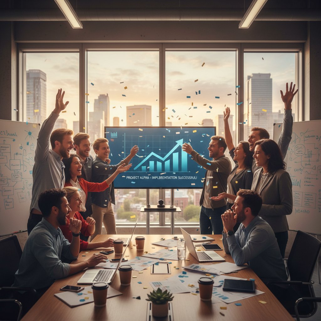 Zespół świętujący sukces po wdrożeniu przejrzystego diagramu funkcjonalnego