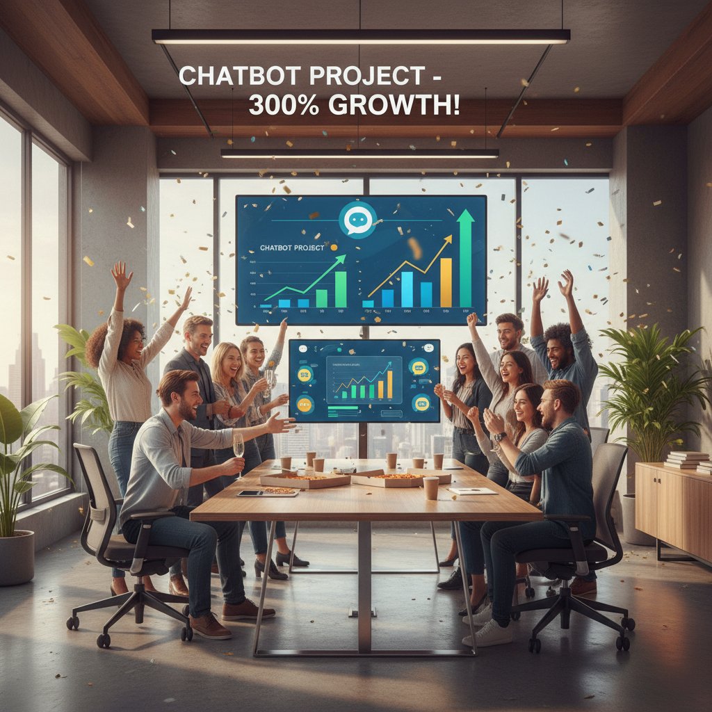 Zespół świętuje sukces wdrożenia chatbota, wykresy wzrostu na ekranie, nowoczesne biuro