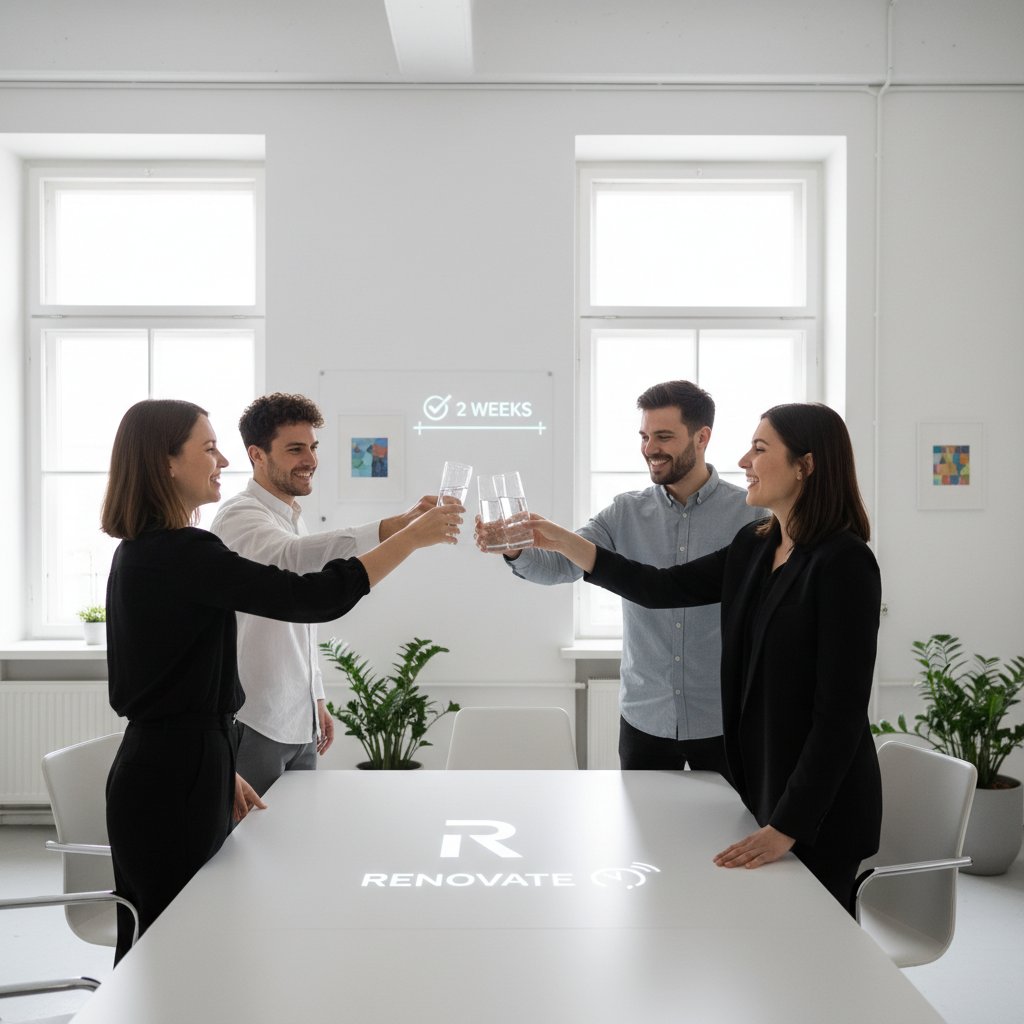 Zespół świętujący udany redesign, szybka praca, minimalizm, sukces projektowy