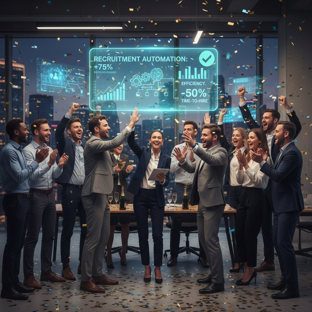 Zespół świętujący sukces wdrożenia automatyzacji, słowa kluczowe: automatyzacja rekrutacji, efekty AI