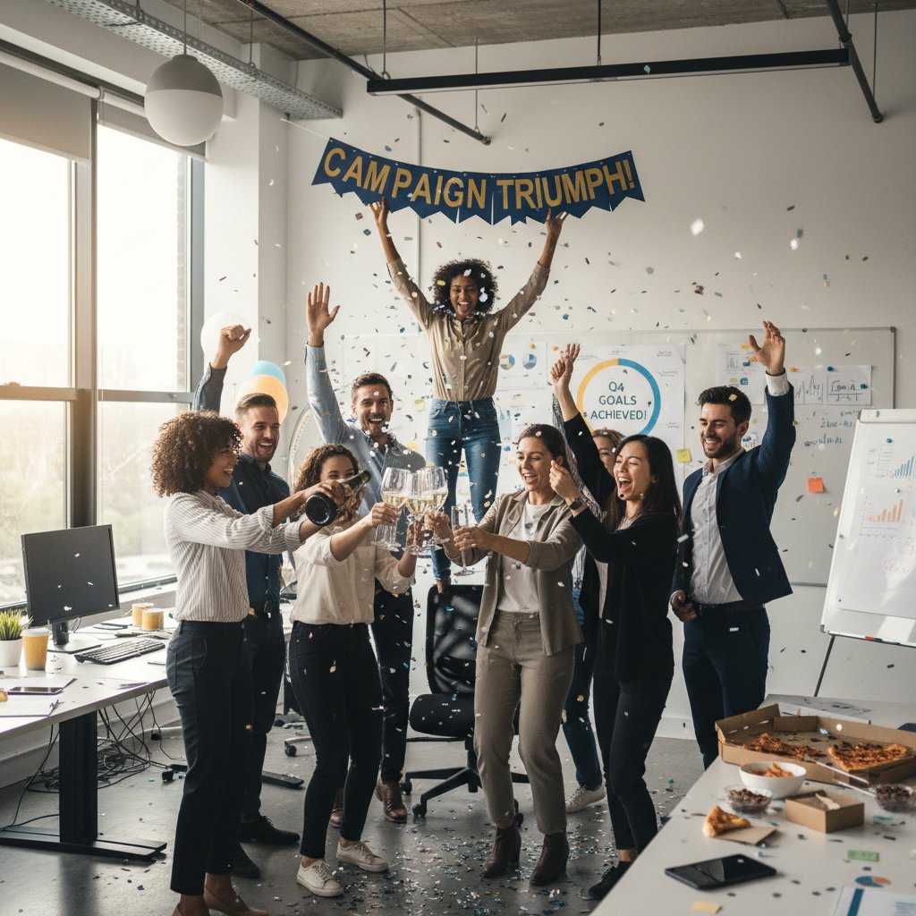 Fotografia zespołu celebrującego sukces po udanej kampanii komunikacyjnej
