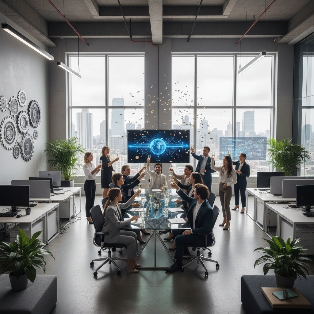 Zespół świętujący sukces po ryzykownej decyzji, nowoczesne biuro, innowacyjne zarządzanie