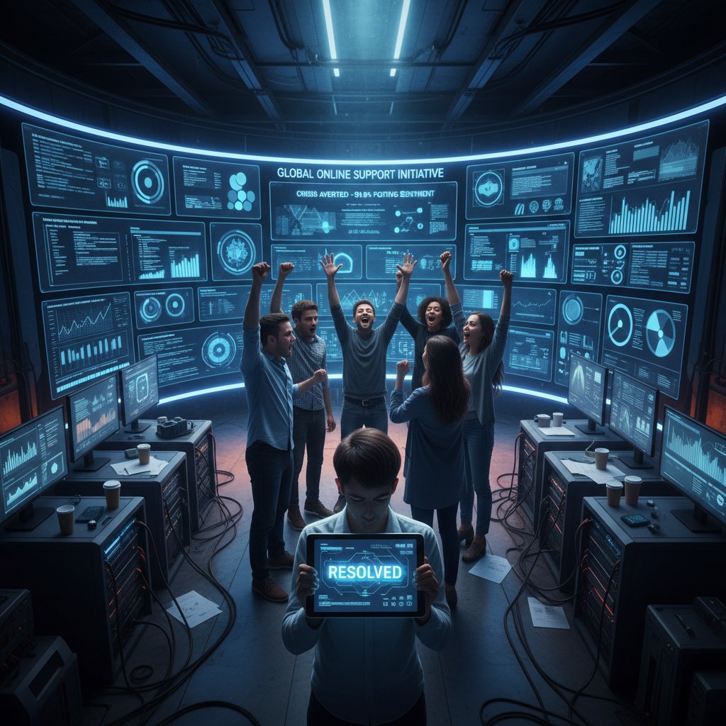 Team cheering in digital war room after crisis resolved with online support, chat windows, relief, real photo