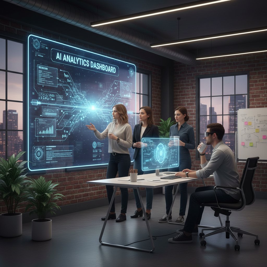 Energetic team using AI analytics at a digital whiteboard in a startup office, symbolizing continuous learning in AI