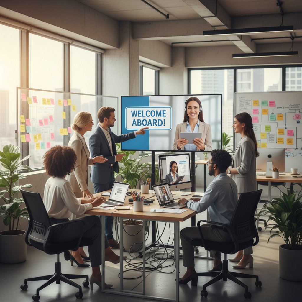Step-by-step guide photo: Team collaborating in an office, onboarding a virtual administrative assistant, using laptops
