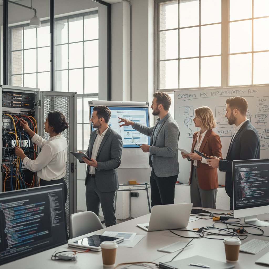 Team collaborating on staff fix implementation: diverse group in an active workshop with post-its and laptops