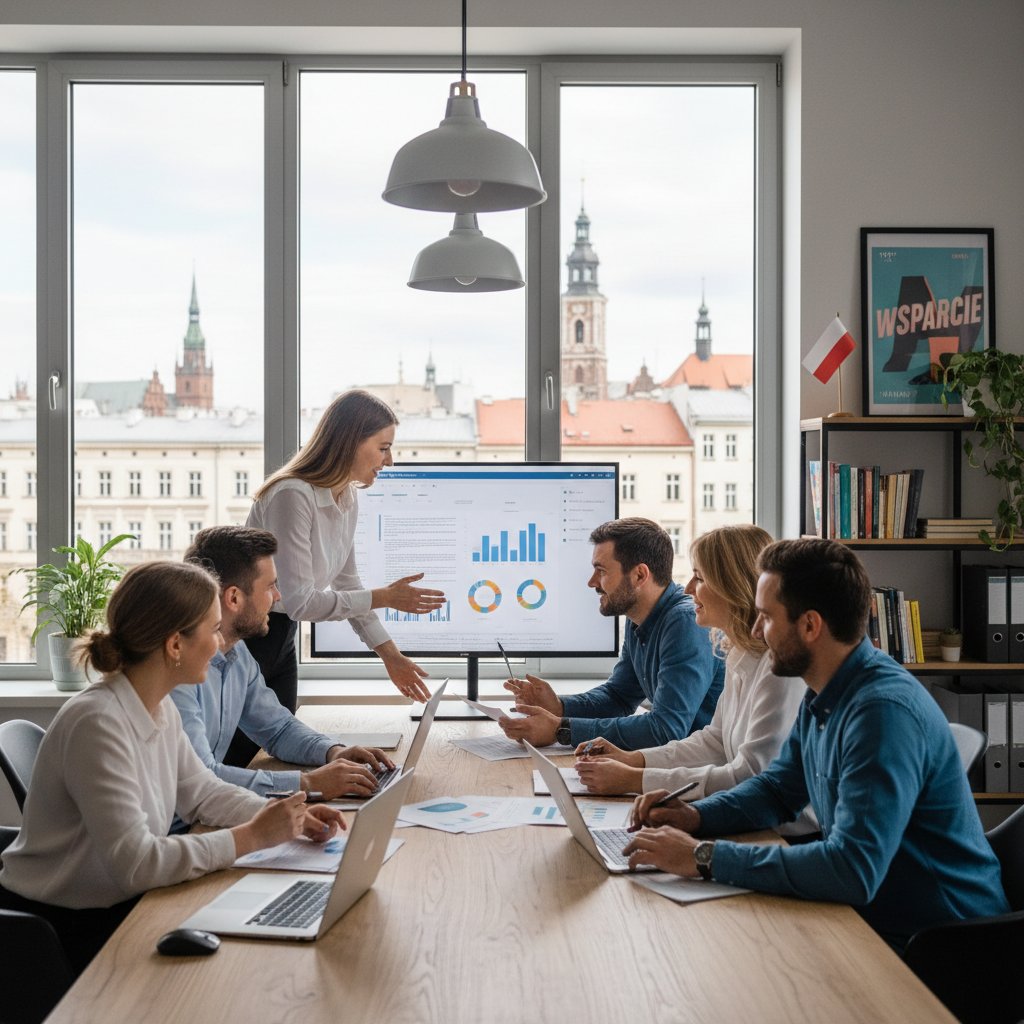 Zespół ludzi współpracuje, wsparcie, biuro, Polska