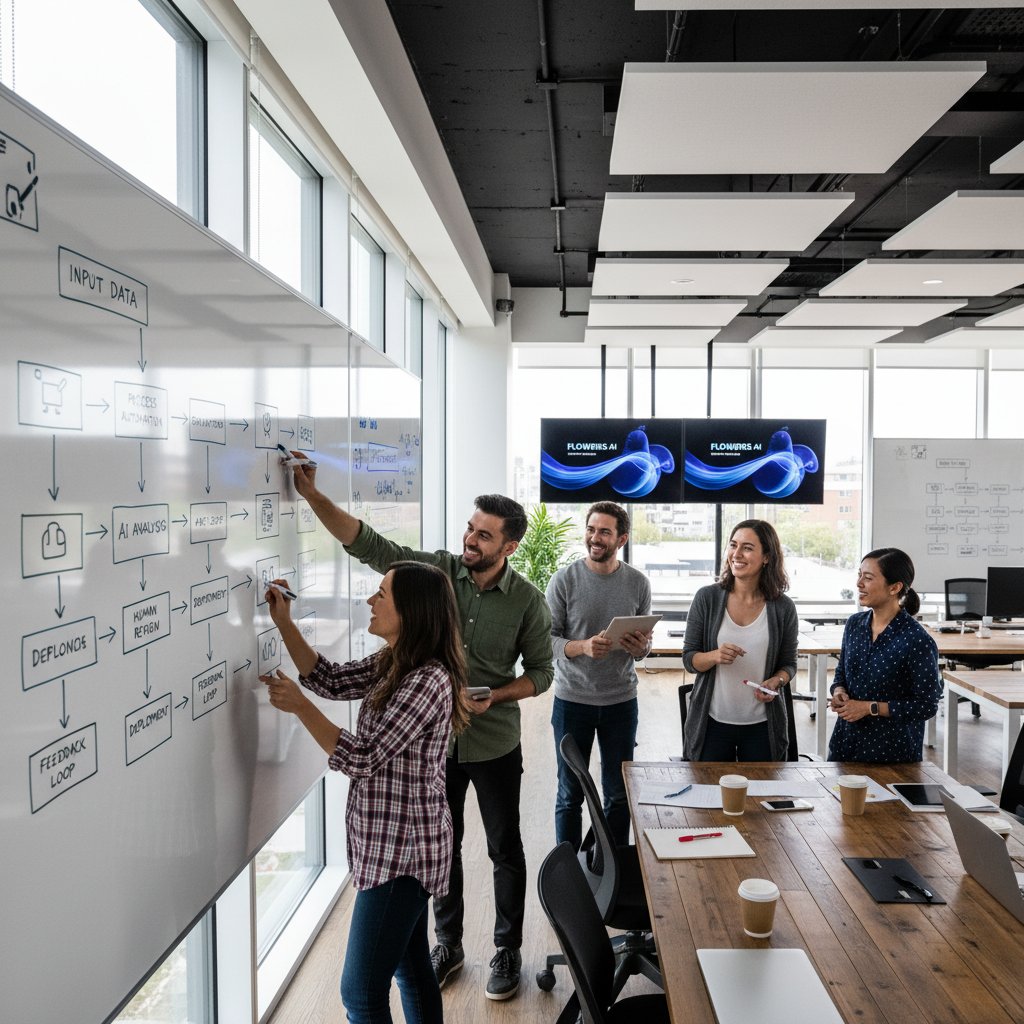 Team collaborating on workflow automation planning, whiteboard with task flow diagrams, energetic atmosphere