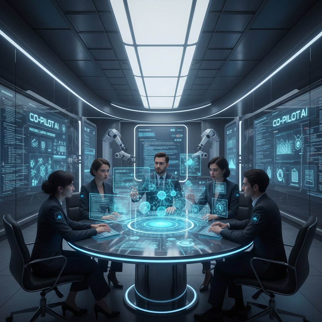Futuristic team collaborating with an AI interface projected in the room, vibrant office scene
